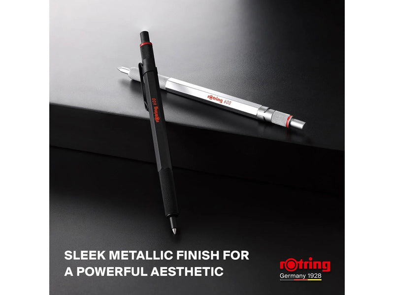 Rotring 600 Gel Pen | 0.55 mm | Black Ink | Silver Metal Body Pen | Non-Slip Knurled Grip & Hexagonal Barrel | Refillable