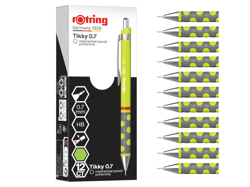 Rotring Tikky Mechanical Pencil | HB 0.7 mm | Spidermum (lime) Barrel | Lightweight with Rubberised Grip | 12 Count