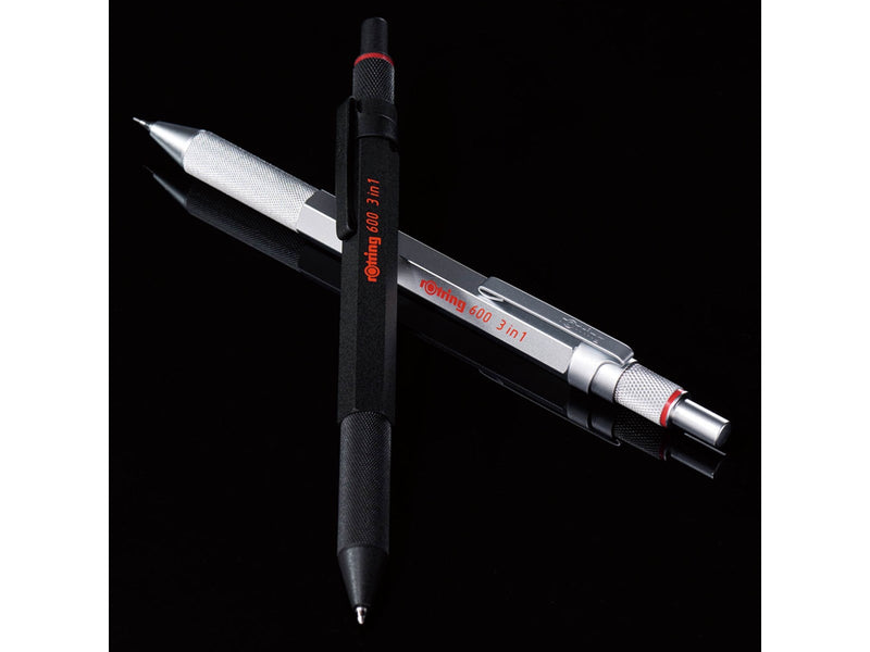 Rotring rOtring 6 3-in-1-Schreibgerät mit Kugelschreiber und Druckbleistift | Kugelschreiber mit 2 feinen Spitzen (schwarze und rote Tinte) | 1 Druckbleistift mit Spitze (,5-mm-Mine) | Silber