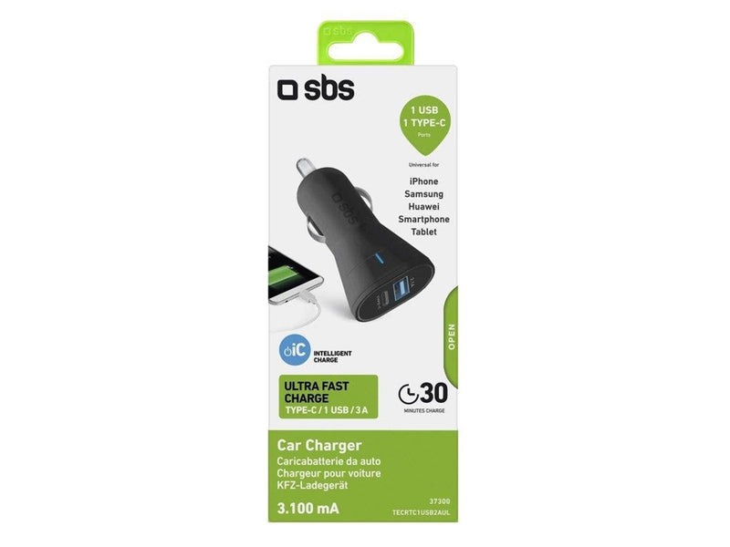 SBS 15W Car Charger - 2.1A + 3A - Black