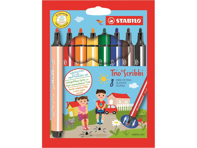STABILO Gefederter Dreikant-Filzstift -  Trio Scribbi - 8er Pack - mit 8 verschiedenen Farben
