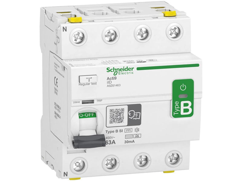 Schneider Electric Acti9 rccb earth leakage protection 4p 63a 30ma b-class-si super immun ac/dc for inst with 3p speed drive and inverter due to dc current