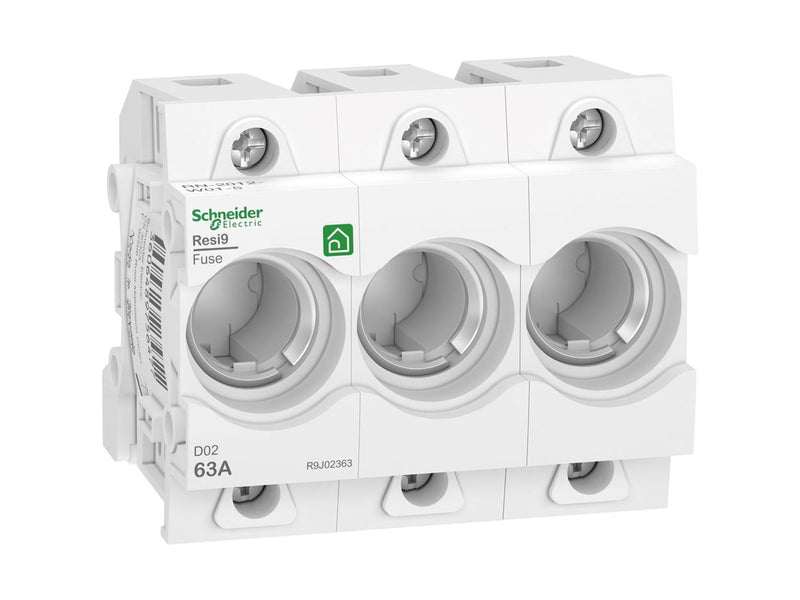 Schneider Electric Resi9 neozed d02 3p 63a fuse holder without screw head fits din rail. d02 black screw heads are supplied in pack of 10 r9j02063