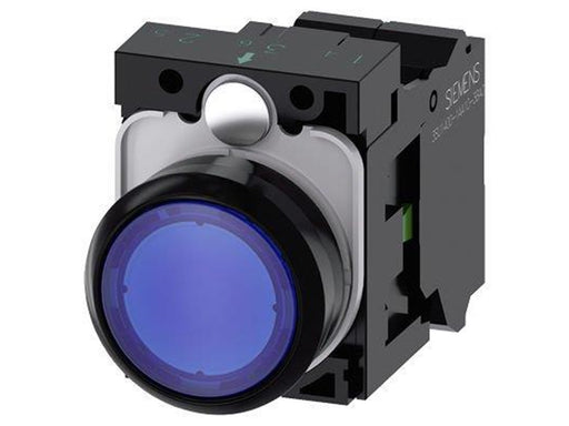 Siemens Illuminated pushbutton 22 mm round plastic blue pushbutton flat momentary contact type with holder 1 no led module with integrated led 24 v ac/dc spring-type terminal