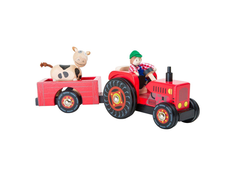 Small Foot - Wooden Tractor with Trailer Red and Trailer Red and Play Figures 4dlg.