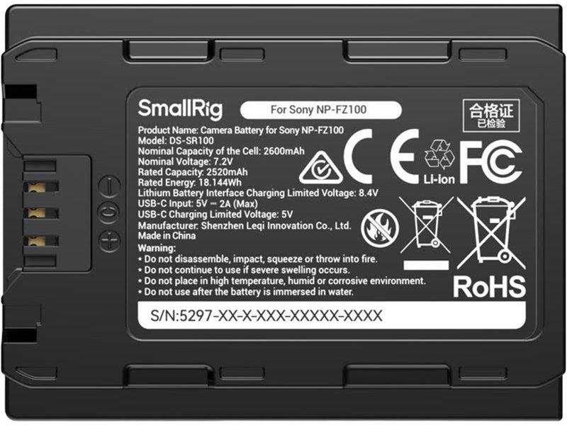 SmallRig 5297 USB-C Camera Battery with Power Display for Sony NP-FZ100