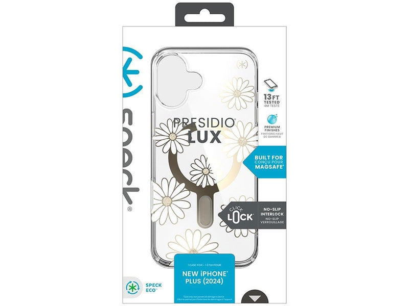 Speck Presidio Lux ClickLock & MagSafe - iPhone 16 Plus Case - Sunshine Daisies / Clear / Gold