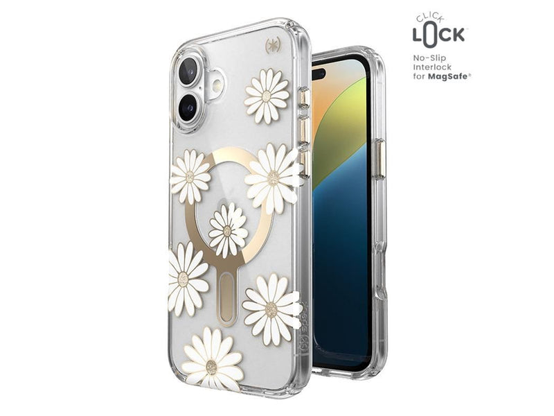 Speck Presidio Lux ClickLock & MagSafe - iPhone 16 Plus Case - Sunshine Daisies / Clear / Gold