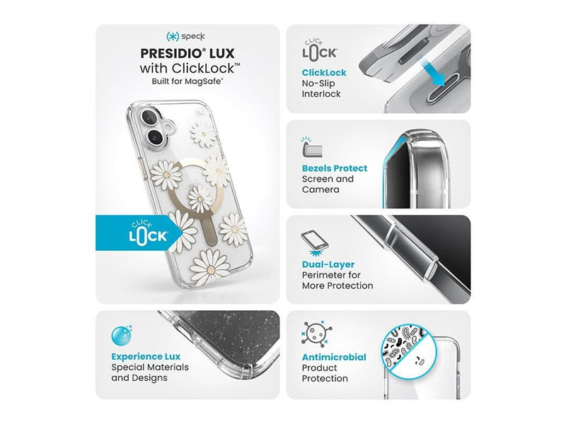 Speck Presidio Lux ClickLock & MagSafe - iPhone 16 Plus Case - Sunshine Daisies / Clear / Gold