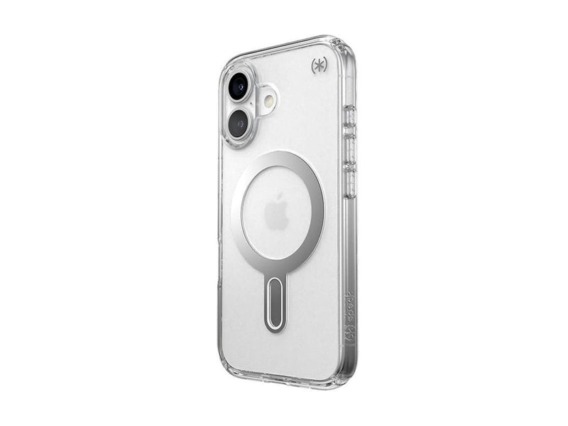 Speck Presidio Perfect-Clear ClickLock & MagSafe - iPhone 16 Case - Clear / Chrome Finish / Serene Silver