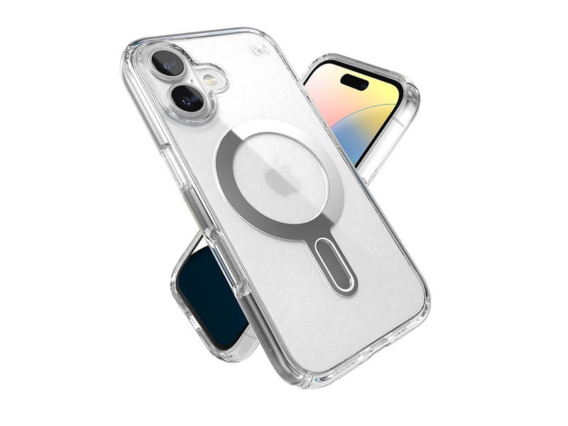 Speck Presidio Perfect-Clear ClickLock & MagSafe - iPhone 16 Case - Clear / Chrome Finish / Serene Silver