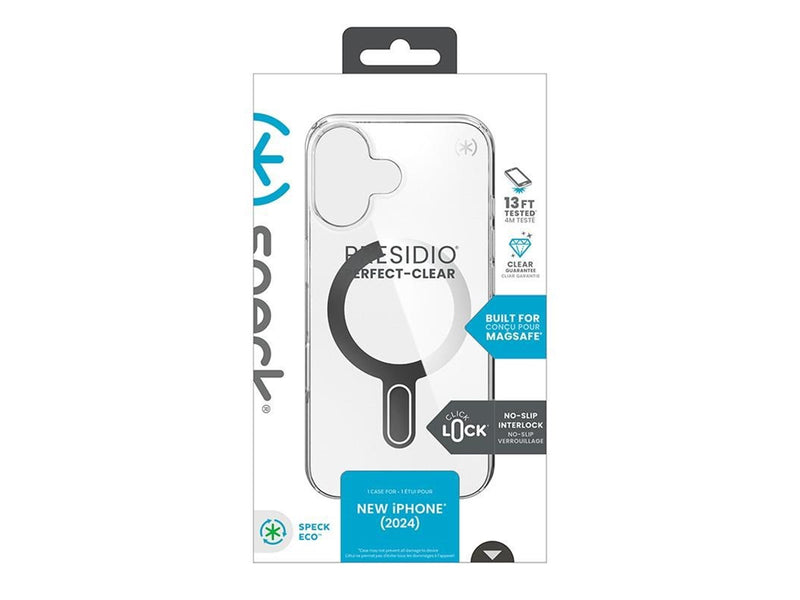 Speck Presidio Perfect-Clear ClickLock & MagSafe - iPhone 16 Case - Clear / Chrome Finish / Serene Silver