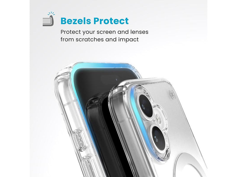 Speck Presidio Perfect-Clear ClickLock & MagSafe - iPhone 16 Case - Clear / Chrome Finish / Serene Silver