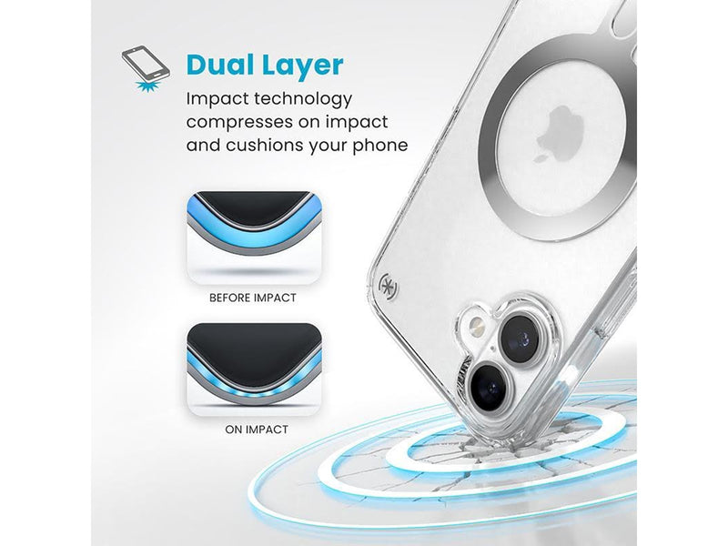 Speck Presidio Perfect-Clear ClickLock & MagSafe - iPhone 16 Plus Case - Clear / Chrome Finish / Serene Silver
