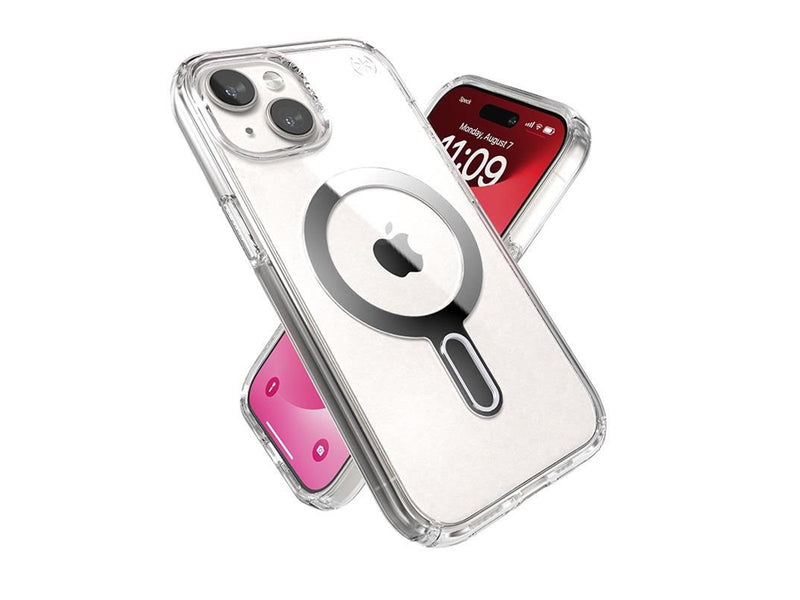 Speck Presidio Perfect-Clear ClickLock & MagSafe - iPhone 17e / 16e / 15 / 14 / 13 Case - Clear / Chrome Finish / Serene Silver