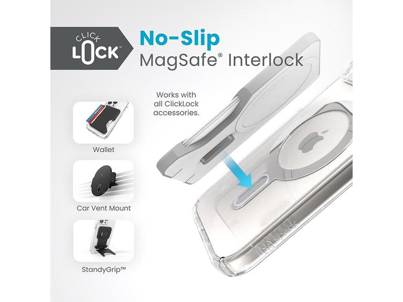 Speck Presidio Perfect-Clear ClickLock & MagSafe - iPhone 17e / 16e / 15 / 14 / 13 Case - Clear / Chrome Finish / Serene Silver