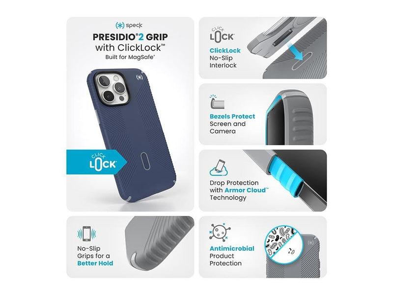 Speck Presidio2 Grip ClickLock & MagSafe - iPhone 16 Pro Max Case - Coastal Blue / Dust Gray / White