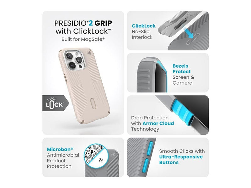 Speck Presidio2 Grip ClickLock & Magsafe - iPhone 15 Pro Case - Bleached Bone / Heirloom Gold / Hazel Brown