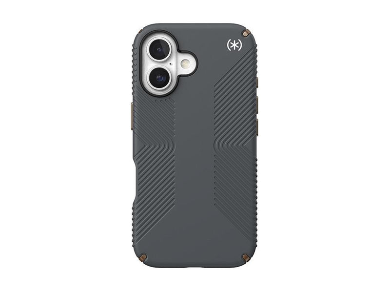 Speck Presidio2 Grip - iPhone 16 Case - Charcoal Gray / Cool Bronze / White