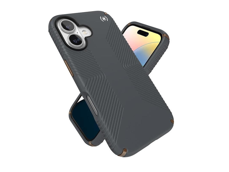 Speck Presidio2 Grip - iPhone 16 Case - Charcoal Gray / Cool Bronze / White