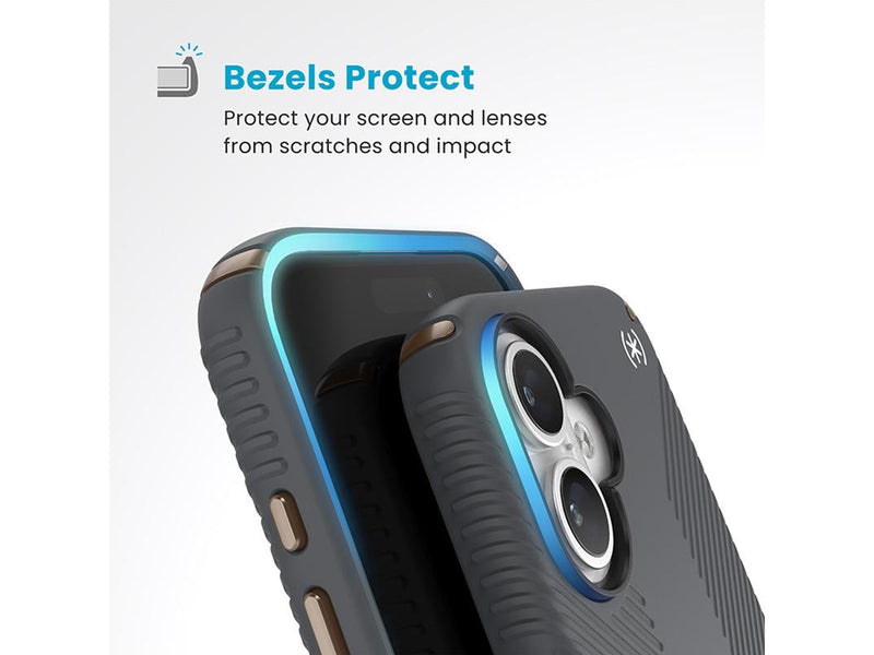 Speck Presidio2 Grip - iPhone 16 Case - Charcoal Gray / Cool Bronze / White