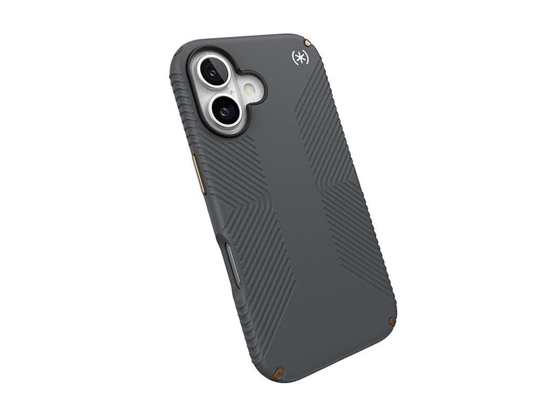 Speck Presidio2 Grip - iPhone 16 Case - Charcoal Gray / Cool Bronze / White