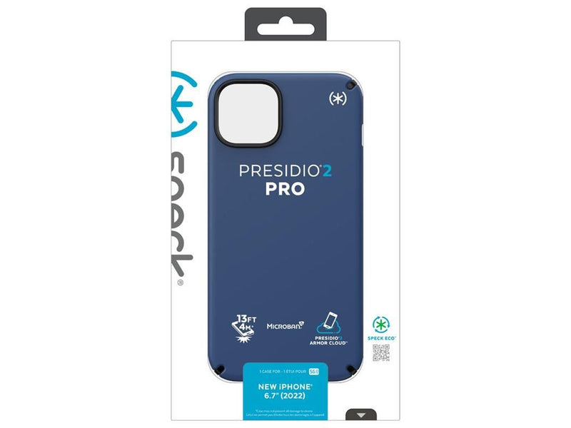 Speck Presidio2 Pro - Antibacterial iPhone 15 Plus / 14 Plus Case - Coastal Blue / Black / White