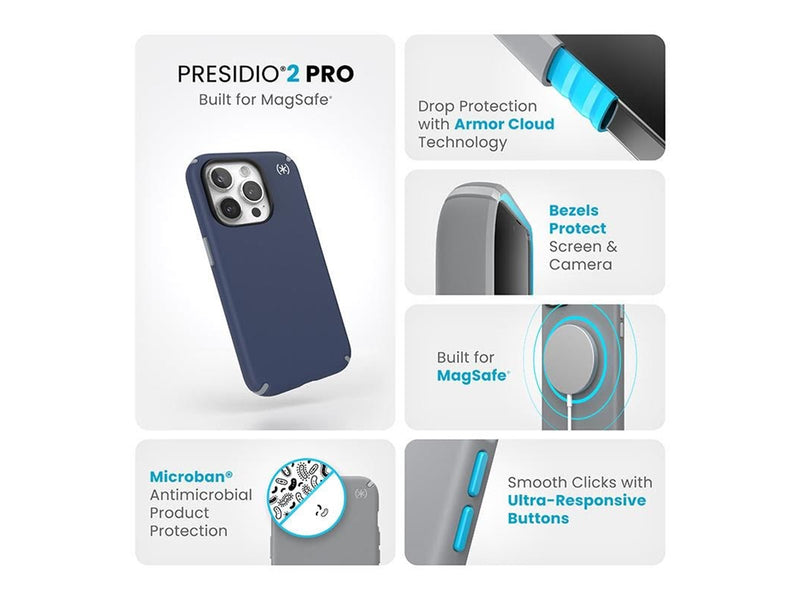 Speck Presidio2 Pro Magsafe - iPhone 15 Pro Case - Coastal Blue / Dust Gray / White