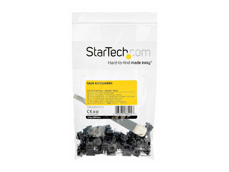 StarTech.com 10-32 Cage Nuts - 50 Pack - Rack Mount Clip Nuts - For Square Hole Server Rack - Black (CABCAGENUTS1032) - cage nuts