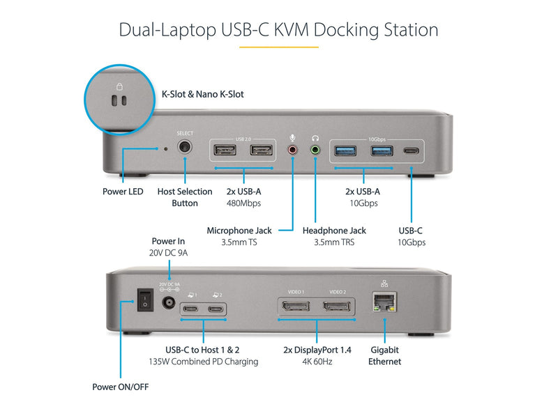 StarTech.com 129UE-USBC-KVM-DOCK Dual-Laptop USB-C KVM Docking Station Dual Monitor 4K 60Hz DisplayPort Dock 5-Port USB Hub GbE 90W/45W Power Delivery to Two Laptops Windows/Mac 2-Host KVM Dock