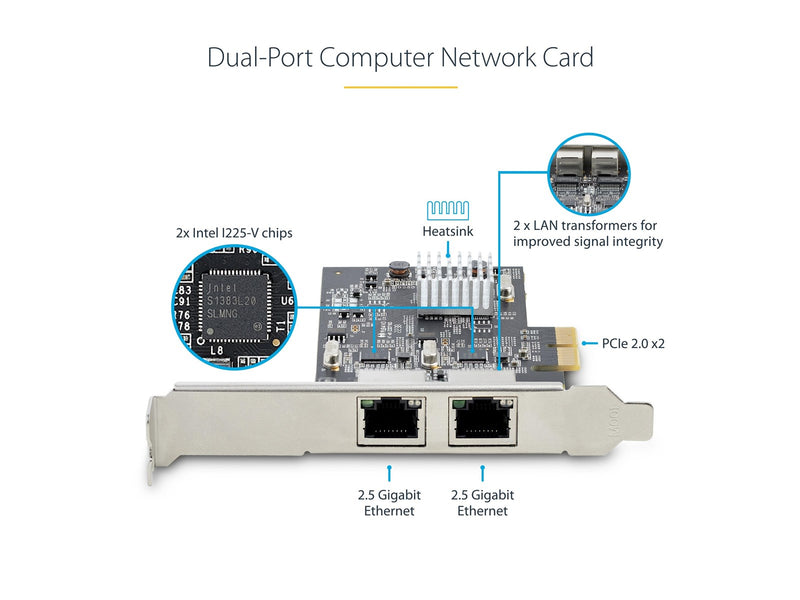 StarTech.com 2-Port 2.5Gbps NBASE-T PCIe Network Card Intel I225-V Dual-Port Computer Network Card Multi-Gigabit NIC PCI Express Server LAN Card Desktop Ethernet Interface