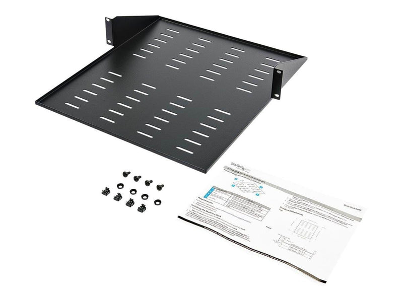 StarTech.com 2 Post Server Rack Shelf - Vented - Center Mount - Black - Supports up to 75 lb. - 2 post Network Rack Shelf rack shelf - 2U