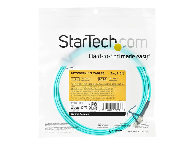 StarTech.com Aqua OM4 Duplex Multimode Fiber - 3m/ 9 ft - 100 Gb - 50/125 - OM4 Fiber - LC to LC Fiber Patch Cable (450FBLCLC3) - network cable - 3 m - aqua - Blau - 3m
