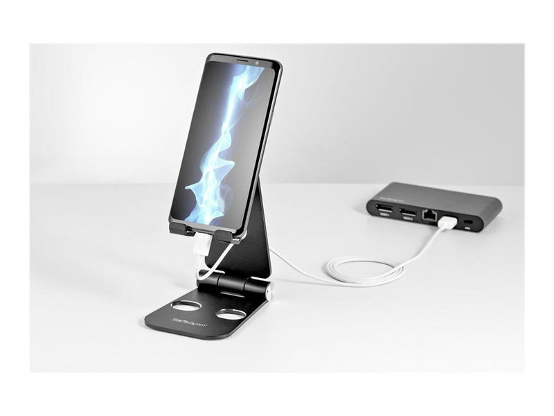 StarTech.com Phone and Tablet Stand - Foldable - Multi Angle - Aluminum - Black - Adjustable Smartphone / Tablet Stand - desktop stand