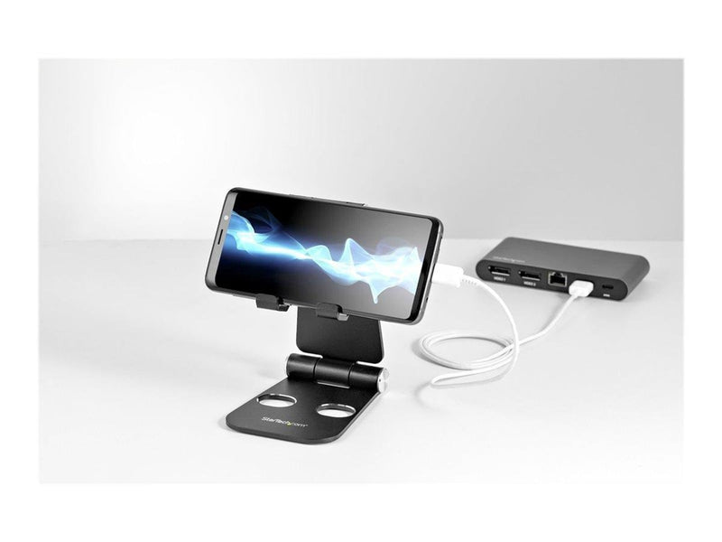 StarTech.com Phone and Tablet Stand - Foldable - Multi Angle - Aluminum - Black - Adjustable Smartphone / Tablet Stand - desktop stand