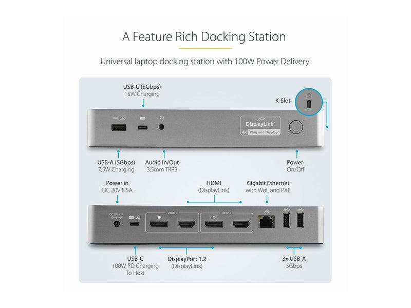 StarTech.com USB-C & USB-A Dock - 100W PD - Dual 4K 60Hz