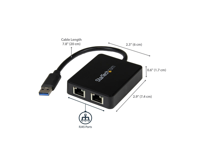 StarTech.com USB32000SPT USB 3.0 to Dual Port Gigabit Ethernet Adapter w/ USB Port 10/100/1000 Mbps USB Gigabit LAN Network NIC Adapter