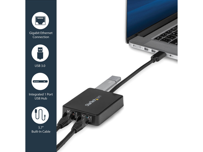 StarTech.com USB32000SPT USB 3.0 to Dual Port Gigabit Ethernet Adapter w/ USB Port 10/100/1000 Mbps USB Gigabit LAN Network NIC Adapter