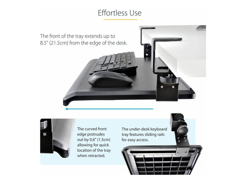 StarTech.com Under-Desk Keyboard Tray Clamp-on Keyboard Holder Supports up to 12kg (26.5lb) Sliding Keyboard and Mouse Drawer with C-Clamps