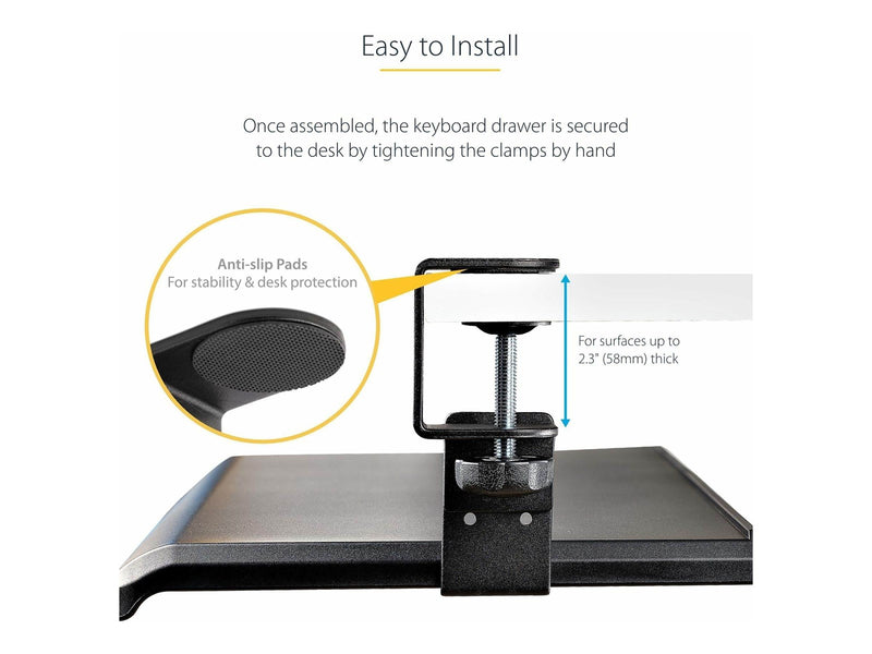 StarTech.com Under-Desk Keyboard Tray Clamp-on Keyboard Holder Supports up to 12kg (26.5lb) Sliding Keyboard and Mouse Drawer with C-Clamps