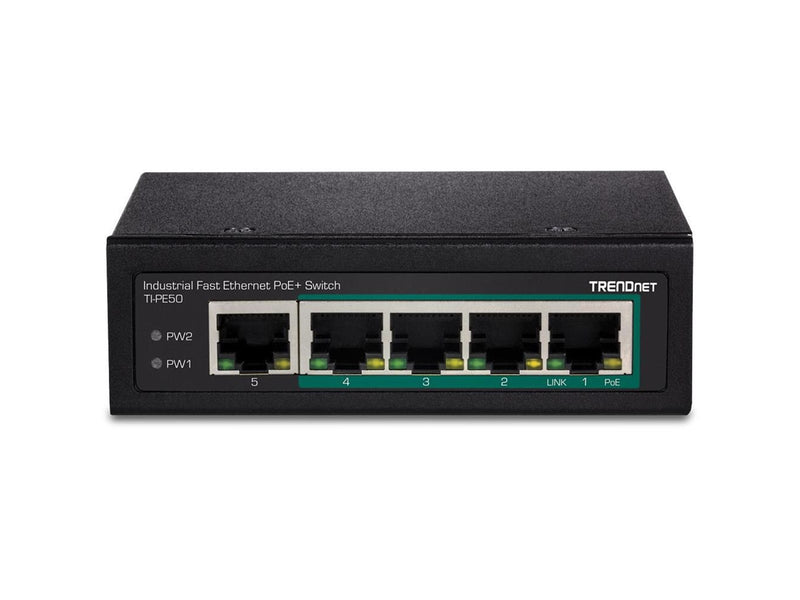 TRENDnet TI-PE50 5-Port Industrial Fast Ethernet PoE+ DIN-Rail Switch
