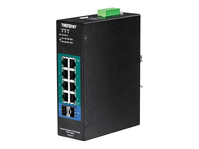 TRENDnet TI-PG102I 10-Port Industrial Gigabit L2 Managed PoE+ DIN-Rail Switch 24 – 57V