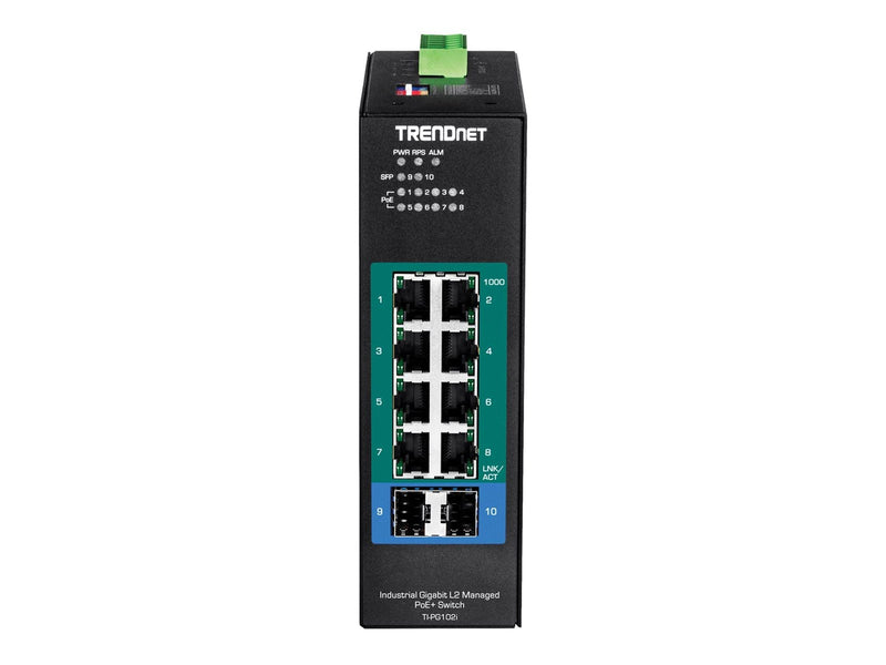 TRENDnet TI-PG102I 10-Port Industrial Gigabit L2 Managed PoE+ DIN-Rail Switch 24 – 57V