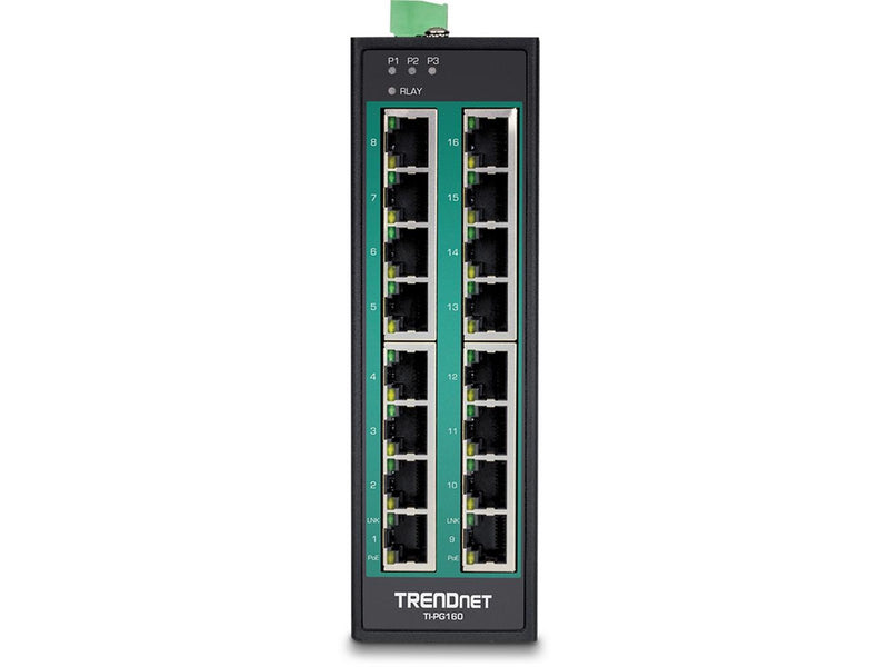 TRENDnet TI-PG160 16-Port Industrial Gigabit PoE+ DIN-Rail Switch
