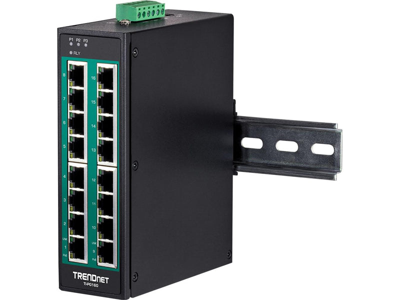 TRENDnet TI-PG160 16-Port Industrial Gigabit PoE+ DIN-Rail Switch