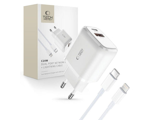 Tech-Protect  C20W USB-C PD 20W / USB-A QC 3.0 Mains Charger with USB-C / Lightning Cable - White