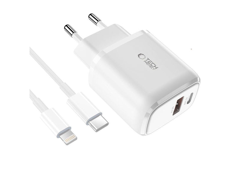 Tech-Protect  C20W USB-C PD 20W / USB-A QC 3.0 Mains Charger with USB-C / Lightning Cable - White