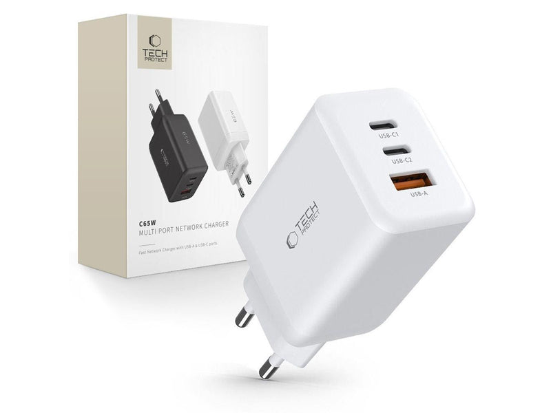 Tech-Protect C65W AC Charger 2x USB-C PD 65W / USB-A QC 3.0 - White