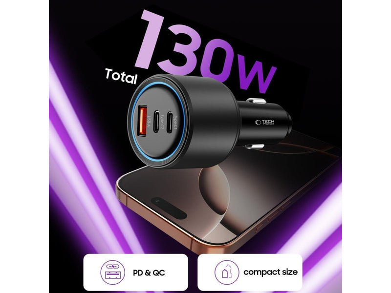 Tech-Protect CC04 3-port PD130W car charger - black