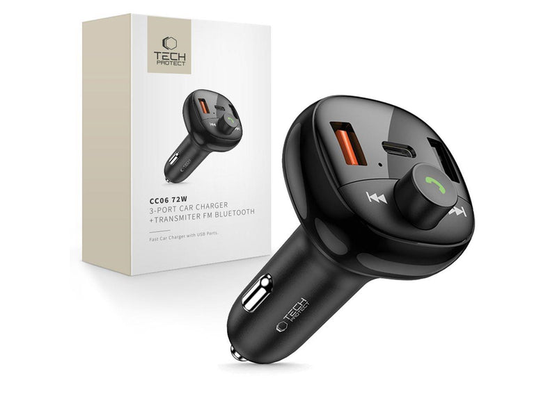 Tech-Protect  CC06 3-Port PD72W Car Charger with Transmitter - Black